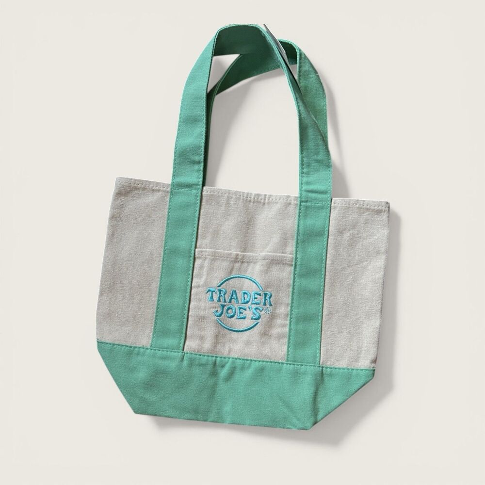Trader Joe's Mini Pastel Canvas Tote Bag Aqua Green Cream Grocery Shopping New